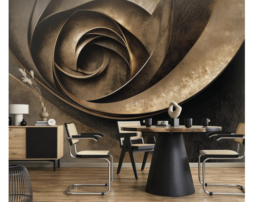 Esszimmer mit Esstisch, Stühlen, Kommode und gemusterter Tapete