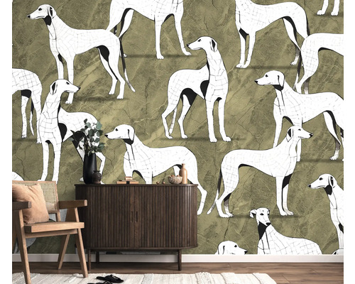 Dekoratives Wohnzimmer mit einer Wandtapete mit Hundemotiv, einem Holzschrank und einem Stuhl