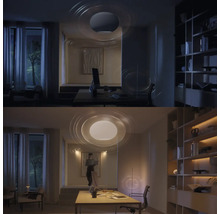 Vergleichsbild eines Arbeitszimmers mit Deckenleuchte einmal mit gedämmtem und einmal mit hellem Licht.