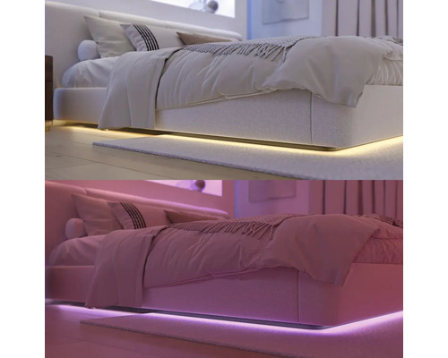 Bett mit LED-Beleuchtung unter dem Rahmen für stimmungsvolle Atmosphäre