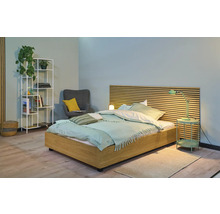 Schlafzimmer mit Bett, Nachttisch, Lampe, Regal und Sessel für eine wohnliche Atmosphäre