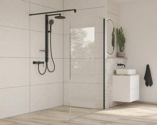 Modernes Badezimmer mit ebenerdiger Dusche, schwarzer Duscharmatur und Waschbecken