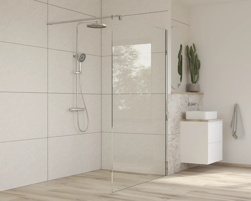 Modernes Badezimmer mit Duschabtrennung, Armaturen und Waschtisch