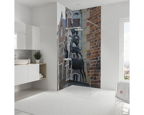 Badezimmer mit Duschwand und Bremer Stadtmusikanten Motiv