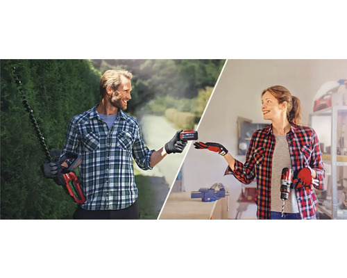 Ein Mann mit Heckenschere und eine Frau mit Bohrmaschine tauschen einen Akku aus.