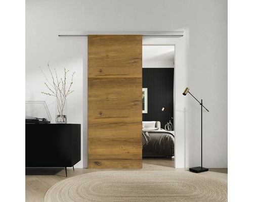 Schiebetürblatt MODERN-H 01 Eiche braun 950x2030 mm für Beschlag Selir Innenarchitektur mit Schiebetür aus Holz, Kommode und Schlafzimmer im Hintergrund