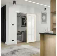 Innenraumansicht mit Schiebetür aus Holz und Glas, die zwei Räume trennt