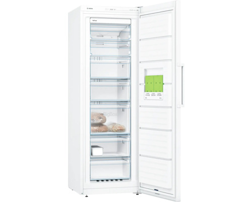 Geöffneter weißer Gefrierschrank mit mehreren Fächern und Bosch Logo