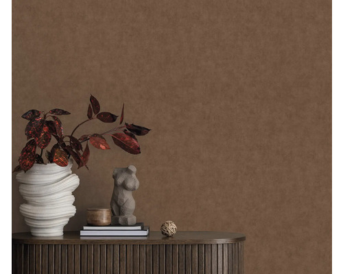 Dekorative Wand mit Pflanze im Topf, Skulptur und Büchern auf einem dunklen Holzschrank.