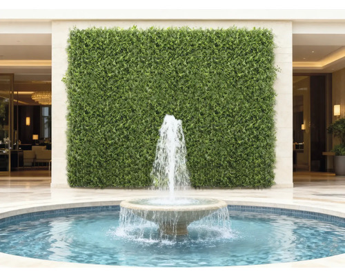 Dekorative grüne Wand mit einem Springbrunnen im Vordergrund
