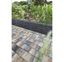 Garten mit Mauer aus Betonsteinen und Pflastersteinen