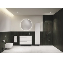 Modernes Badezimmer mit Toilette, Waschtisch, Spiegel, Schrank und Dusche