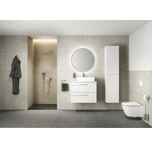 Modernes Badezimmer mit Dusche, Waschtisch, Spiegel, Hochschrank und Toilette.