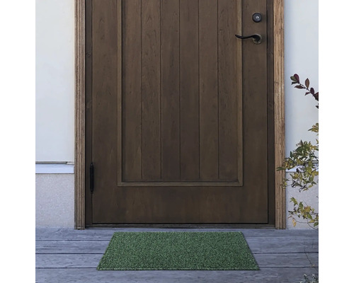 Eingangsbereich mit Holztür und grüner Fußmatte