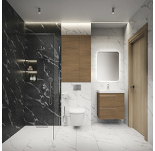 Modernes Badezimmer mit Dusche, Toilette, Waschtisch und Spiegelschrank.