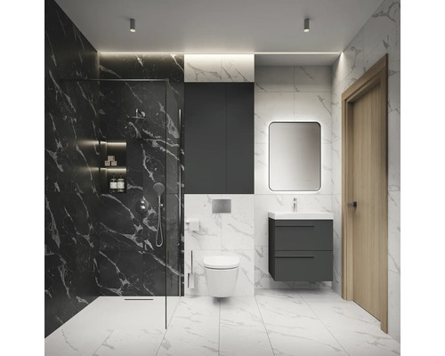 Modernes Badezimmer mit Dusche, Waschtisch, Spiegelschrank und Toilette in Marmoroptik