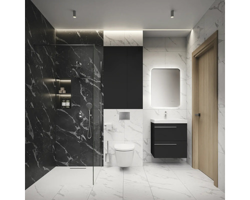 Modernes Badezimmer mit Dusche, Waschtisch, Toilette und Marmoroptik