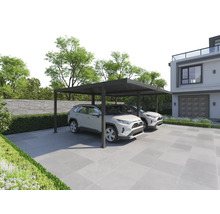 Carport mit zwei geparkten Autos vor einem Haus