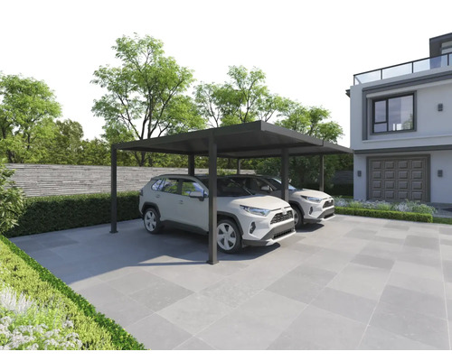 Carport mit zwei geparkten Autos vor einem Haus