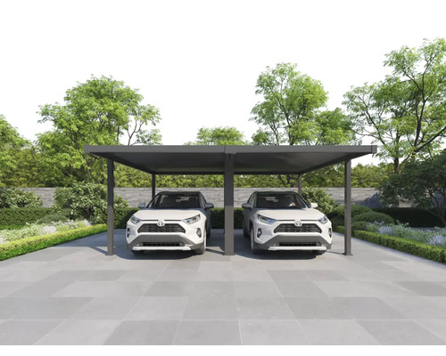 Doppelcarport mit zwei geparkten Autos im Freien.