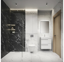 Modernes Badezimmer mit Dusche, Waschtisch, Spiegel und Toilette