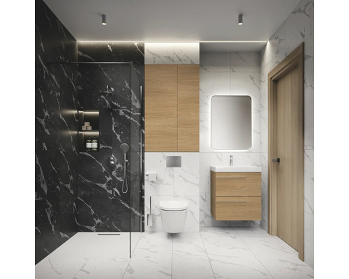 Modernes Badezimmer mit Dusche, Waschtisch, Spiegelschrank und Toilette.