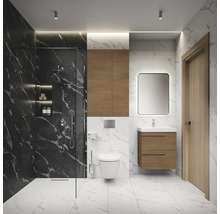 Modernes Badezimmer mit Dusche, Waschtisch, Toilette und Marmoroptik.