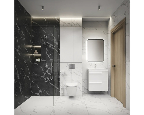 Modernes Badezimmer mit Dusche, Waschbecken, Spiegel und Toilette.