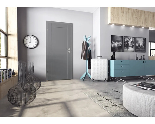 Modern eingerichteter Flur mit grauer Innentür, Garderobe und Reisegepäck