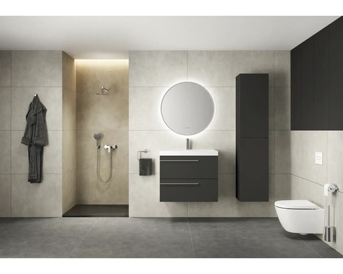 Modernes Badezimmer mit Dusche, Waschtisch mit Spiegel, Schrank und Toilette.