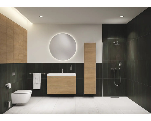 Badezimmer mit Waschtisch, Spiegelschrank, Toilette und Dusche