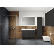 Modernes Badezimmer mit Dusche, Waschtisch, Spiegel, Toilette und Schränken in dunklen Farbtönen.