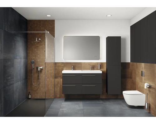 Modernes Badezimmer mit Dusche, Waschtisch, Spiegel, Toilette und Schränken in dunklen Farbtönen.