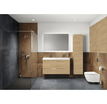 Modernes Badezimmer mit Dusche, Waschtisch, Spiegel und Toilette