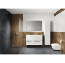 Modernes Badezimmer mit Dusche, Waschtisch, Spiegel und Toilette.