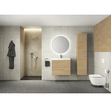 Modernes Badezimmer mit Dusche, Waschtisch, Spiegel, Schrank und Toilette