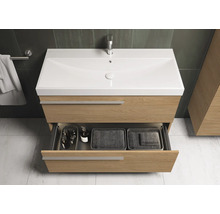 Waschtischunterschrank mit offenem Schubfach, inklusive Waschbecken und Armatur im Badezimmer