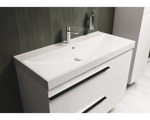 Weißer Waschtisch mit zwei Schubladen, Armatur und Seifenspender