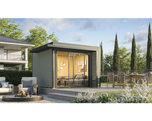 Gartenhaus weka Amberley 28 mm inkl. Fußboden 350 x 353 cm graugrün-anthrazit Modernes Gartenhaus mit Glasschiebetüren, Terrasse mit Gartenmöbeln und Feuerstelle