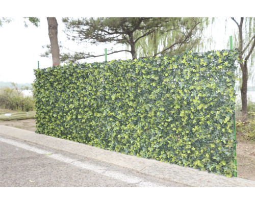 Blick auf eine grüne, künstliche Efeuhecke als Sichtschutz im Garten.