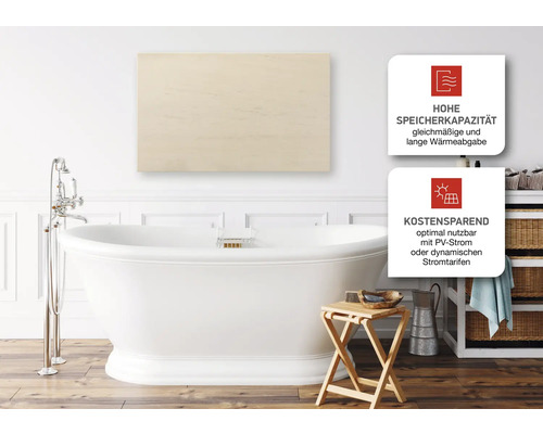 Badezimmer mit freistehender Badewanne und Infrarotheizung an der Wand