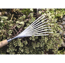 Fächerbesen aus Metall mit Holzgriff vor Grünpflanzen