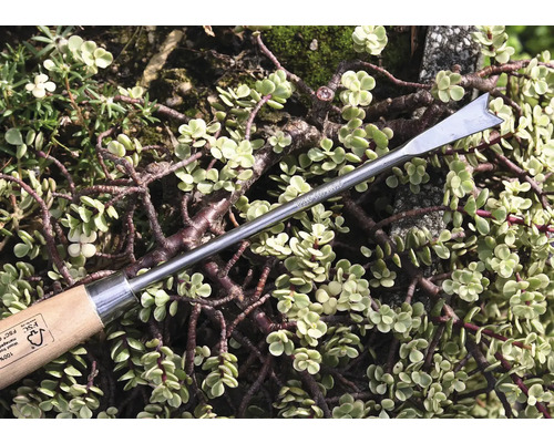 Unkrautstecher mit Holzgriff vor Pflanzen