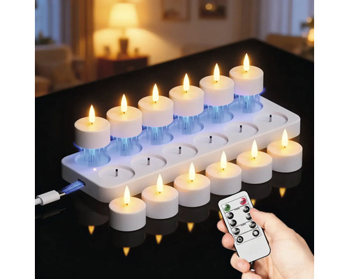 LED-Teelichter mit Ladestation und Fernbedienung auf Tisch