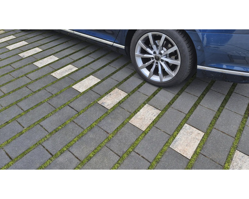 Rasengittersteine auf einer Einfahrt mit einem Teil eines Autos