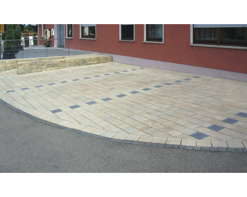 Gepflasterte Zufahrt mit rechteckigen Pflastersteinen