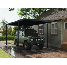 Szene mit einem Auto unter einem Carport neben einem Haus.