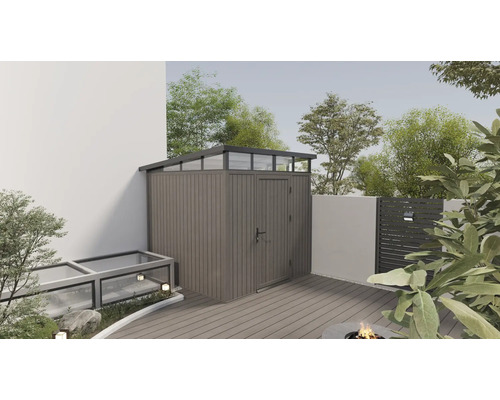 Gartenhaus Konsta 7x7 WPC 237 x 225,6 cm hellgrau Gartenszene mit Gerätehaus, Frühbeet und Terrassenbereich