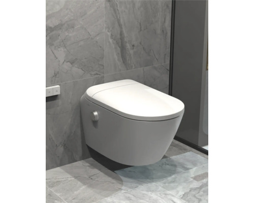 Wandhängendes WC in einem Badezimmer mit gefliester Wand