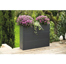 Rechteckiger Pflanzkasten mit Blumen und Pflanzen im Garten